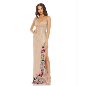Mac Duggal Floral Slit Beaded V Neck Gown Maxi Dress 2 Style 5238